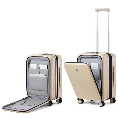Hanke Grace Expandable Carry On Luggage with Wheels Airline Approved Hard Shell Suitcases with Front Pocket，Top Opening Luggage with TSA Lock for Short Business Travel, Cuban Sand. - color: Cuban Sand, size: 20 Inch Expandable