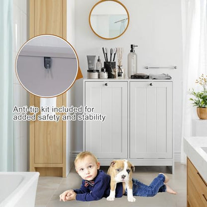 Double Tilt-Out Laundry Hamper Cabinet, Modern Hidden Laundry Hamper with 2 Removable Baskets, Free-Standing Bathroom Storage Cabinet, Anti-tiltdevice, (26.8" Tall White)