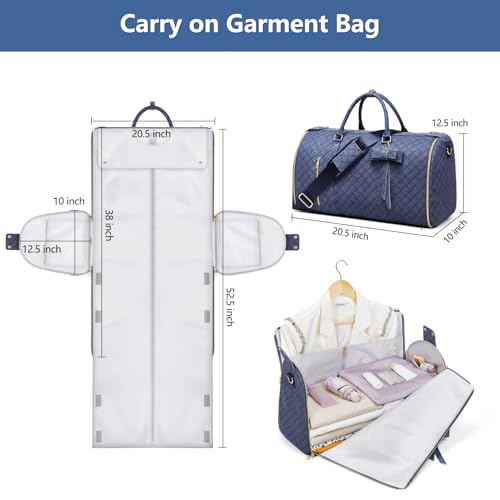 Garment Bags for Travel, Convertible Suit Travel Bag for Women, Stylish Carry On Garment Bag with Toiletry Pocket, Shoulder Strap & Shoes Compartment, 2 in 1 Foldable PU Leather Duffle Bag, Navy Blue - color: Navy Blue