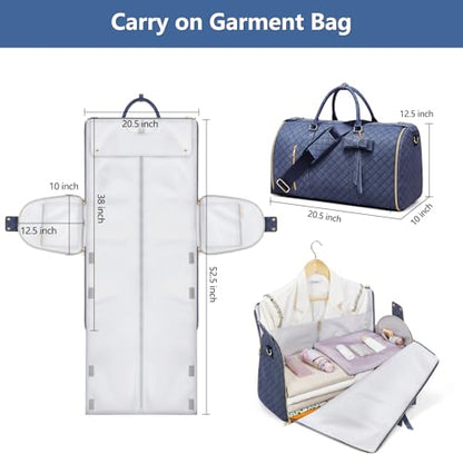 Garment Bags for Travel, Convertible Suit Travel Bag for Women, Stylish Carry On Garment Bag with Toiletry Pocket, Shoulder Strap & Shoes Compartment, 2 in 1 Foldable PU Leather Duffle Bag, Navy Blue - color: Navy Blue