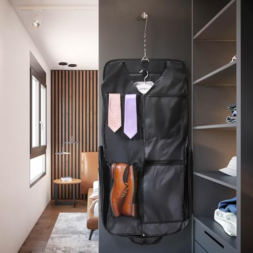 ZEGUR Premium Suit Garment Bag Carry On - Hangs 4 Suits - Travel & Business with Shoulder Strap and Laptop Compartment - color: Black