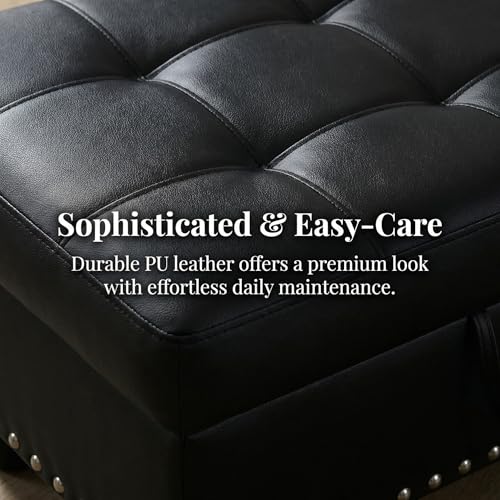28.5 Inch Storage Ottoman Bench with Hidden Storage, PU Leather Upholstered Foot Rest Stool, Tufted End of Bed Bench for Bedroom Living Room, Easy to Clean, Black - color: Black