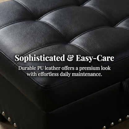 28.5 Inch Storage Ottoman Bench with Hidden Storage, PU Leather Upholstered Foot Rest Stool, Tufted End of Bed Bench for Bedroom Living Room, Easy to Clean, Black - color: Black