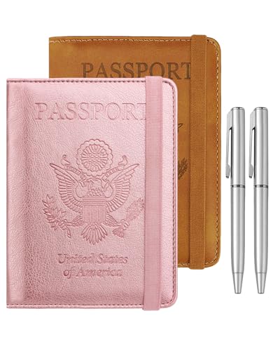 WALNEW Passport Holder for Travel, RFID Passport Cover Wallet for Women Men, PU Leather Passport Book Card Holder Case with Pen (Elastic Band Closure, AA-Brown+Rosegold) - color: AA-Brown+Rosegold, style: Elastic Band Closure