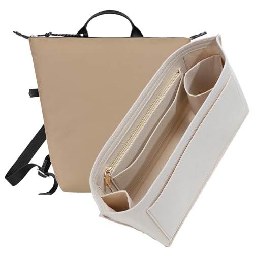 Purse Organizer Insert for Longchamp Le Pliage L Backpack, Felt Lightweight Long Champ Large Backpack Divider Shaper with Cup Holder,Zipper Bags Inner Linner with 8 Deepened Pockets,L/Beige - color: Beige, size: L Backpack