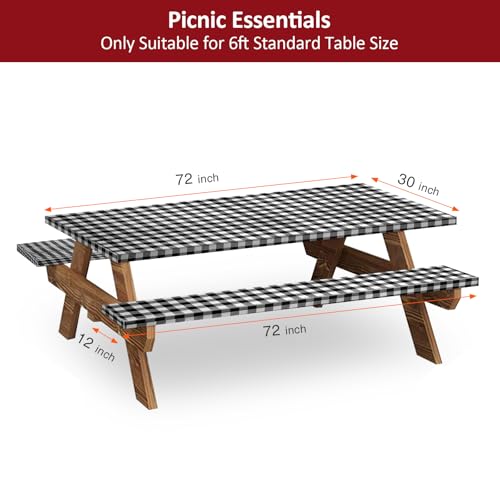 6ft Picnic Table and Bench Cover, Camping Essentials RV Gear, 72in Waterproof Windproof Outdoor Elastic All Around Tablecloth, Fitted Rectangle Tables and Seats, Black-White Checkered - color: Black-white Checkered, size: 72"