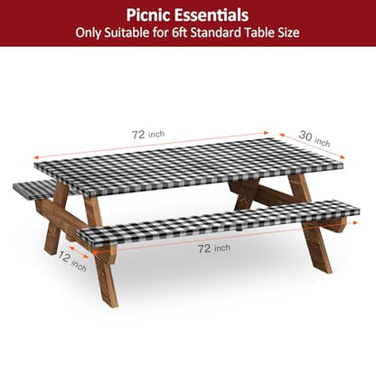 6ft Picnic Table and Bench Cover, Camping Essentials RV Gear, 72in Waterproof Windproof Outdoor Elastic All Around Tablecloth, Fitted Rectangle Tables and Seats, Black-White Checkered - color: Black-white Checkered, size: 72"
