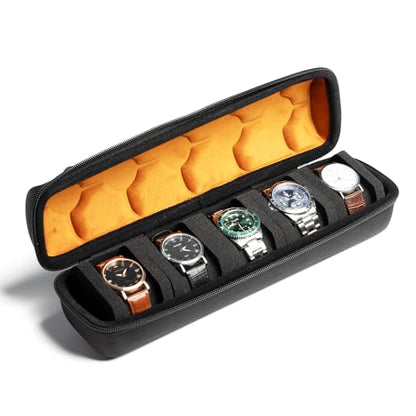 5 slot watch case for travel and storage, hard Watch Roll Organizer holder for Men and Women with microfiber lining - size: 5 slots