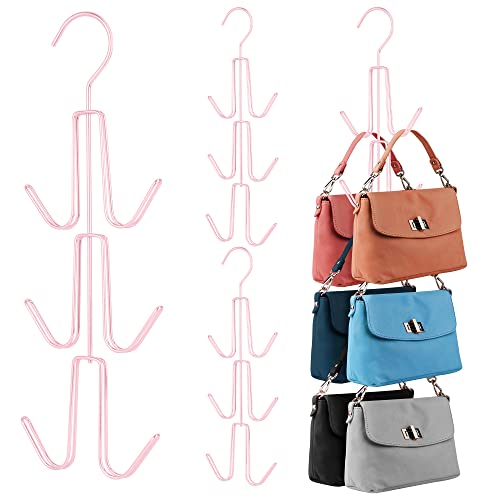 ZEDODIER 4 Pack Purse Organizer for Closet, Heavy-Duty Hanging Purse Hanger Closet Holds Up to 24 Purses, Metal Rotating Space Saving Bag Holder Handbag Storage Hook Backpack Rack, Pink - color: Pink, size: 4 Pack