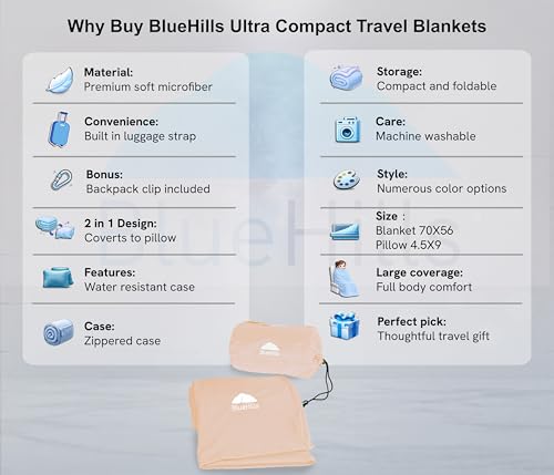 BlueHills Ultra Compact Travel Blanket Pillow for Airplane Traveling Essential Long Flight Trip Throw in Bag Portable Case Large Plane Accessories Beige - C007 - color: C007-beige