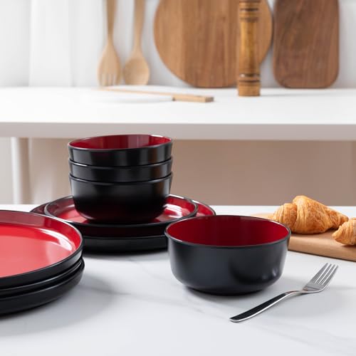 12-piece Dinnerware Sets Service for 4 - Dinner Plate, Dessert Plates, Cereal Bowls, Lightweight Melamine Plates and Bowls Sets, RV, Kitchen Dishes for Outdoor Use, Red and Black - color: Black and Red