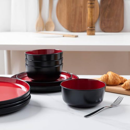 12-piece Dinnerware Sets Service for 4 - Dinner Plate, Dessert Plates, Cereal Bowls, Lightweight Melamine Plates and Bowls Sets, RV, Kitchen Dishes for Outdoor Use, Red and Black - color: Black and Red