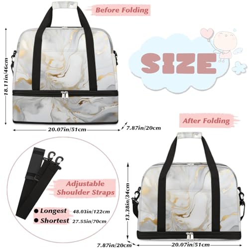 Travel Duffel Bag Gray White Marble Style Weekender Bag with Shoe Compartment Foldable Overnight Bags for Travel Sports Lightweight Gym Bags for Men Women - color: Gray White Marble Style