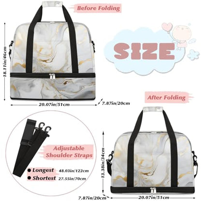 Travel Duffel Bag Gray White Marble Style Weekender Bag with Shoe Compartment Foldable Overnight Bags for Travel Sports Lightweight Gym Bags for Men Women - color: Gray White Marble Style