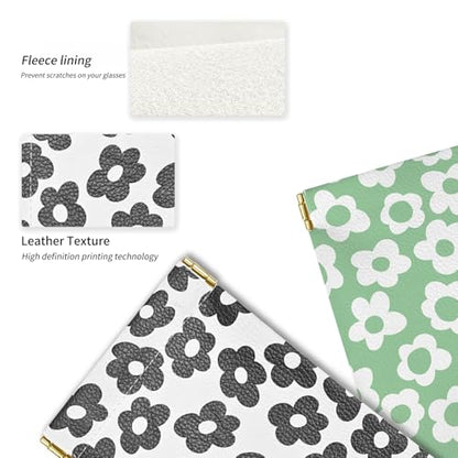 Glasses Case Soft, Eyeglass Cases for Women Portable Squeeze Top PU Leather 2 Pack Glasses Pouch with Cleaning Cloth - color: 2pcs Black Flowers+green Flowers