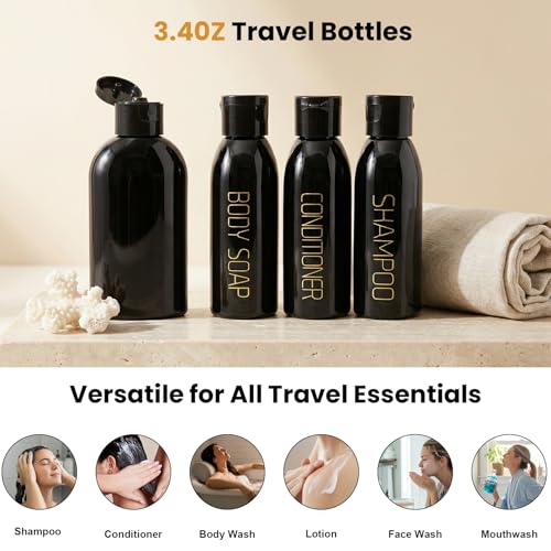 Cosywell Travel Bottles for Toiletries 4pcs 3.4oz Travel Shampoo and Conditioner Bottles TSA Approved Travel Size Containers Leak Proof Small Plastic Squeeze Bottles with Flip Cap(Black) - color: J-3.4oz-Black-3label1blank