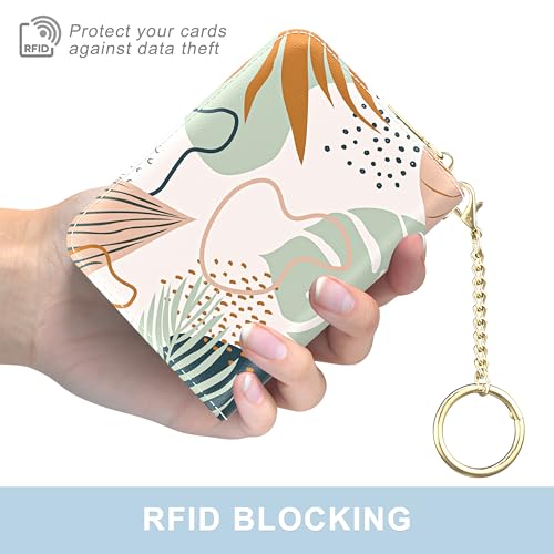 Aiawoxc Credit Card Holder, Small RFID Wallet Slim Leather Card Organizer Case with Zipper and Wristlet Strap, Boho Leaves - color: B-Leaf, size: Wrist Strap