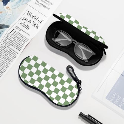 Sunglasses Soft Case, Ultra Light Portable Neoprene Zipper Glasses Case for Men Women - color: Green Plaid