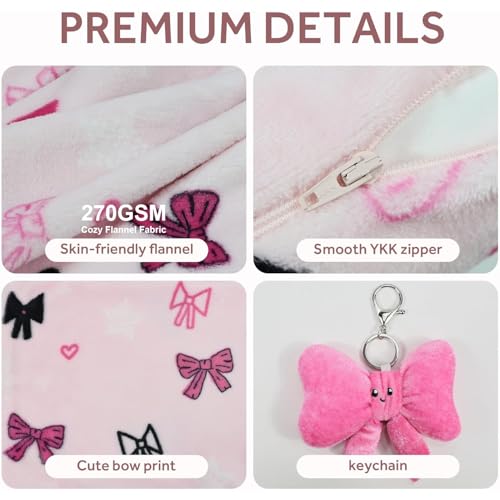 3-in-1 Kids Travel Blanket and Pillow Set, 40x60 Inch Pink Bow Blanket for Girls,Compact Set with Bow Keychain, Ideal Birthday Travel Essential - color: Pink Bow