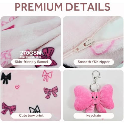 3-in-1 Kids Travel Blanket and Pillow Set, 40x60 Inch Pink Bow Blanket for Girls,Compact Set with Bow Keychain, Ideal Birthday Travel Essential - color: Pink Bow