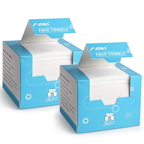 AIDEA Face Towels Disposable-100Ct (2 Box), Clean Facial Towelettes for Sensitive Skin, Cleansing Wipes for Makeup Removing, Nursing, Travel, Dry Wipes Face Cloths - style: 7.87" x 7.87" (Pack of 100)