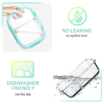 [5-Pack,36 Oz]Glass Meal Prep Containers 2 Compartments Portion Control with Upgraded Snap Locking Lids Glass Food Storage Containers, Microwave, Oven, Freezer and Dishwasher (4.5 Cups, Green) - color: Green