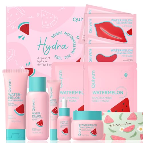 QUIYUM Watermelon & Niacinamide Skin Care Sets, Routine Facial Skincare Product, Beauty for Women, Hydration, Moisturizing, Oil Control, Glow Up, Teen Girl Gifts Trendy Stuff, Spa-Like at Home - size: 11pc