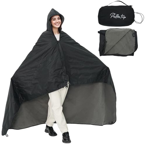 Wearable Warm Camping Blanket Waterproof Windproof Quilted Fleece Stadium Outdoor Blanket with Portable Bag for Cold Weather Camping Picnic Sports Pet Beach Travel Car 79*55 inches Black including Hat - color: Black With Hat