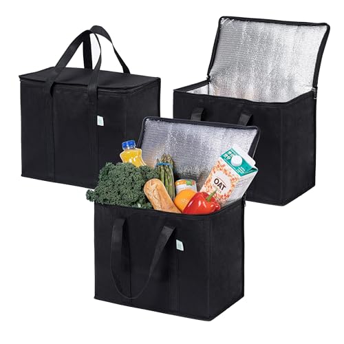 VENO 3 Pack Insulated Reusable Grocery Shopping Bag, Food Delivery, Cooler Bag, Heavy Duty, Large Size, Durable Handles, Dual Tab Zips, Lid, Stands Upright, Collapsible, Sustainable (Black, 3 Pack) - color: Black, size: 3 Pack