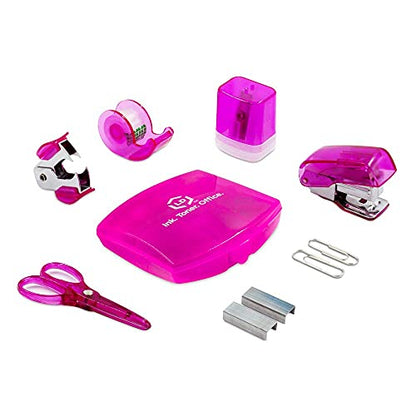 LD Products Pink Mini Office Supply Kit Portable Case with Scissors, Paper Clips, Tape Dispenser Set, Pencil Sharpener, Mini Stapler with Staples and Staple Remover - color: Pink