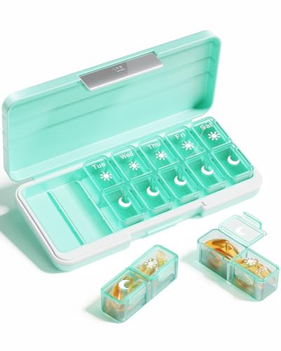 Betife AM PM Pill Organizer 7 Day, Weekly Pill Organizer 2 Times a Day, Daily Pill Box AM PM, Portable Travel Medicine Case, Day and Night Pill Container for Medication, Vitamin or Supplement（GN） - color: Green