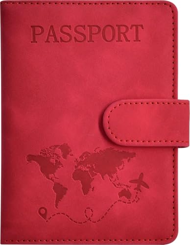 Passport Holder, Passport Cover with Credit Card Slot and Boarding Pass Slot Combo, Passport Wallet Case Book Travel Must Have, RFID Blocking Leather Travel Accessories, Red - color: Red