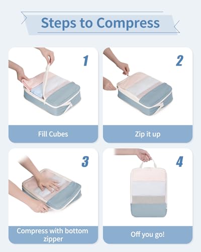 Narwey 6 Set Compression Packing Cubes for Travel Women Men, Travel Cubes for Carry On Suitcase, Durable Compression Luggage Organizer Bags - color: Grayish Blue