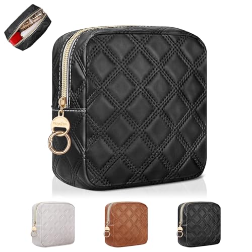4.9" Small Makeup Bag, Quilted PU Leather Mini Cosmetic Bag for Purse, Portable Small Travel Makeup Pouch for Daily Use, Birthday/Wedding/Christmas Gifts (Quilted Checkered, Black) - color: Quilted Checkered Black-4.9 inch