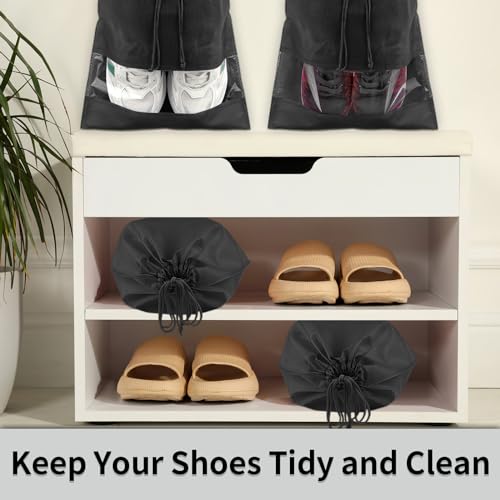 12 Pack Large Shoe Bags for Packing with Clear Window, Dustproof Drawstring Travel Shoe Storage Bags for Men & Women, Black - color: Black