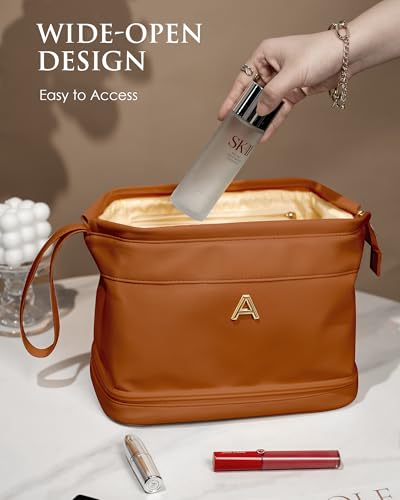 Female Gifts, Personalized Makeup Bag, Monogrammed Gifts, Initial Double Layer Cosmetic Bag with Makeup Brush Organizer, Travel Toiletry Bag, Gifts for Friends Female Mom, Teen Girl Gifts - color: Brown, style: K