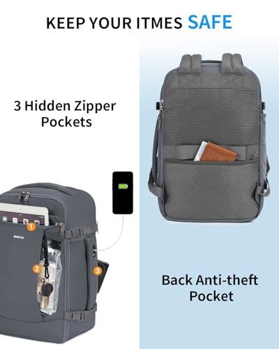 ECOHUB Travel Backpack for Men Women, Carry on Backpack with USB Charging Hole, Spirit Airlines Personal Item Bag Flight Approved, 15.6 Inch Laptop Backpack with Anti Theft Pockets, 30L, Grey - color: Grey, size: 18 inch underseat