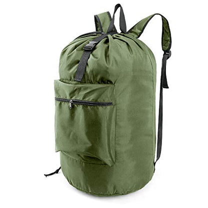 BeeGreen Moss Green Laundry Backpack Bag w Adjustable Shoulder Straps String Closure College Dorm Room Essentials Sturdy Laundry Hamper Portable w Handle XLarge Ripstop for Traveling - color: Moss Green, style: With Front Zipper Pocket