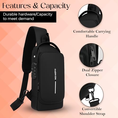 Unisex Anti-Theft Sling Bag with USB Port, Water-Resistant Crossbody Chest Backpack for Travel & Work - color: Black