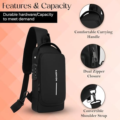 Unisex Anti-Theft Sling Bag with USB Port, Water-Resistant Crossbody Chest Backpack for Travel & Work - color: Black