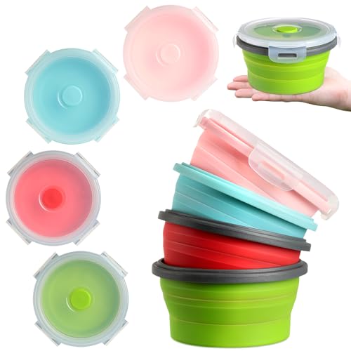 Suclain 4 Pcs Collapsible Bowls with Lids Silicone Camping Food Storage Container Expandable Folding Salad Lunch Box Travel Container for Hiking Camping - color: Red, Pink, Blue, Green
