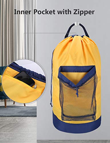 Dalykate Backpack Laundry Bag, Laundry Backpack with Shoulder Straps and Mesh Pocket Durable Nylon Clothes Hamper Bag with Drawstring Closure for College, Travel, Laundromat, Apartment - color: Yellow