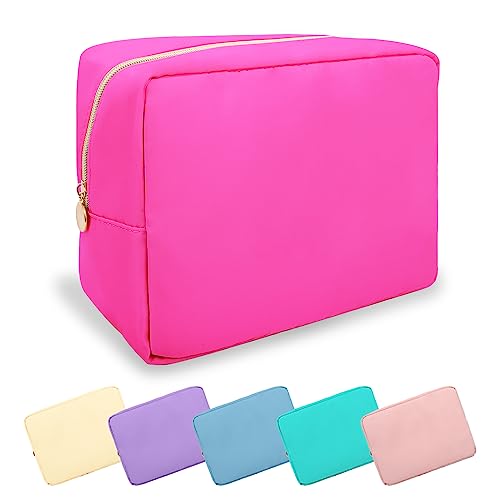 UIXIZQ Large Makeup Bag Pouch,Nylon Women Travel Toiletry Storage Bag Preppy Cosmetic Bag for Girls,Big Makeup Organizer Bag Cute Zipper Pouch Skincare Bag for Sport Work Gift(Large-Bubblegum) - color: Bubblegum, size: Large