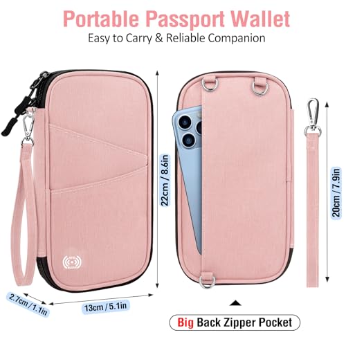 BKNOOU Family Passport Holder RFID Blocking Travel Document Organizer | Large Capacity (5 passports+13 cards), RFID Blocking, Air Travel Essentials, Detachable Wrist Strap and Shoulder Strap - color: 07 Pink