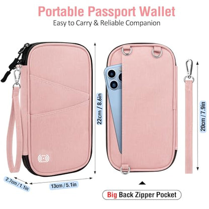BKNOOU Family Passport Holder RFID Blocking Travel Document Organizer | Large Capacity (5 passports+13 cards), RFID Blocking, Air Travel Essentials, Detachable Wrist Strap and Shoulder Strap - color: 07 Pink