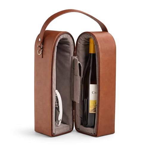Bey-Berk Vino Brown Leather Double Wine Caddy, Two-Bottle Travel Case with Zipper Closure and Corkscrew Bar Tool - color: Brown