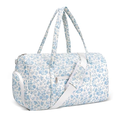 Gym Bag for Women, Cute Duffle Bag, Quilted Duffle Bag for Travel, Floral Duffle Bags, Weekend Bag with Zipper Pocket Dance Bag Organizer - color: B-Blue Flowers