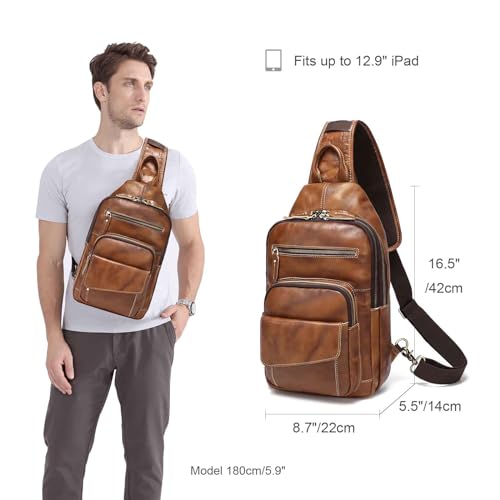 LANNSYNE Full Grain Leather Casual Sling Bag For Men Hiking/Travel/Business Crossbody Chest Bag Fits 12.9" iPad - color: Orangefor 12.9 Ipad