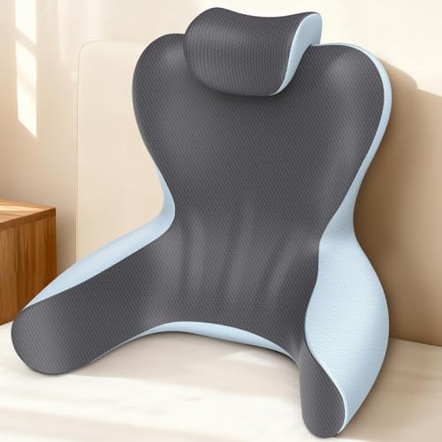 Reading Pillow for Sitting in Bed,22" H Back Support Pillow for Sitting up,Back Rest & Lumbar Support Pillows with Arms, Bed Rest Chair Cushion,Chaise Lounges Reclining,Gaming,Work,Resting(Grey&Blue) - color: Grey&blue