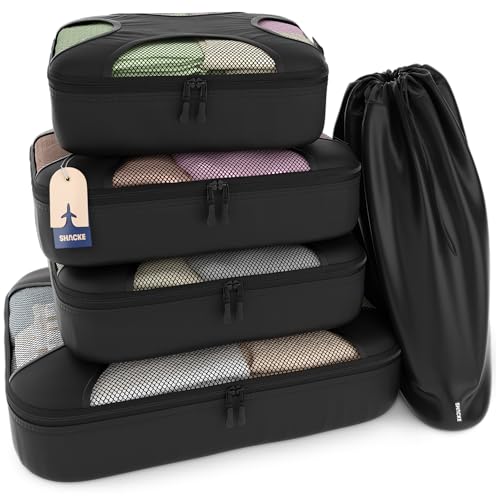 Shacke 5 Set Packing Cubes for Travel – Luggage Organizer & Suitcase Bags with Laundry Bag, Carry On Packing Organizer, Travel Accessories for Women Men (Pure Black) - color: 5 Set - Pure Black, size: Set of 5